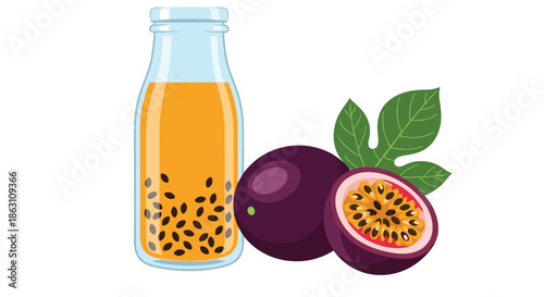 Fresh passion fruit juice bottle with whole and halved fruits featuring bright yellow juice and crunchy black seeds.
