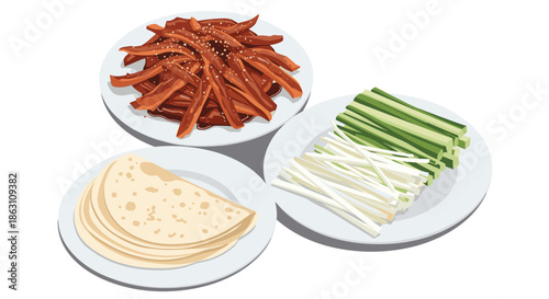 Classic shredded pork set served with thin pancakes, sliced cucumbers, and spring onions on separate white plates.