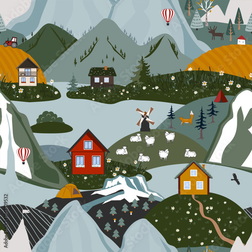 Seamless pattern with Norway houses and landscapes. Scandinavian land background, vector illustration.