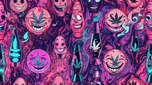 Psychedelic artwork of smiling faces, lava lamps, and cannabis leaves.