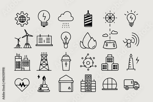Sustainable industrial energy and eco friendly power generation line icon set
