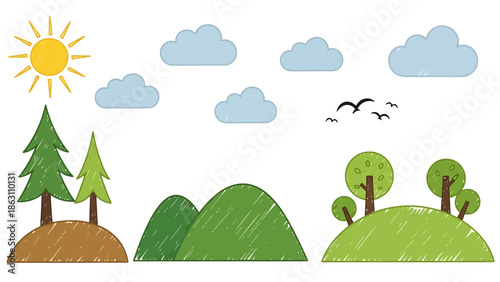Cheerful Nature Scene with Sun Clouds Trees and Hills for Kids Concepts