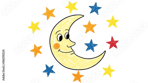 Smiling Crescent Moon Surrounded by Colorful Stars in a Celestial Pattern