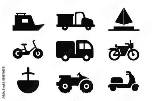 Set of transportation icons and vehicle silhouettes for logistics and travel