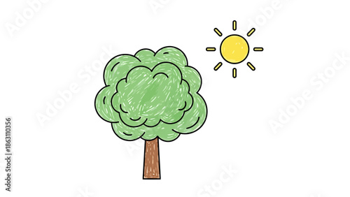 Simple Drawing of a Leafy Green Tree Under a Bright Yellow Sun on a White Background
