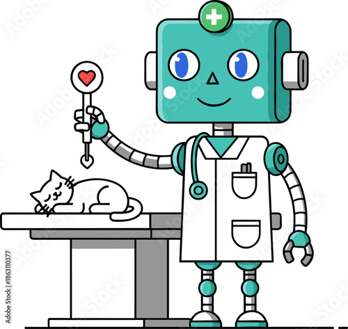 Robot veterinarian illustration, futuristic animal care, cartoon-style vector, medical cat exam, healing wand, stethoscope, AI pet doctor, black and white