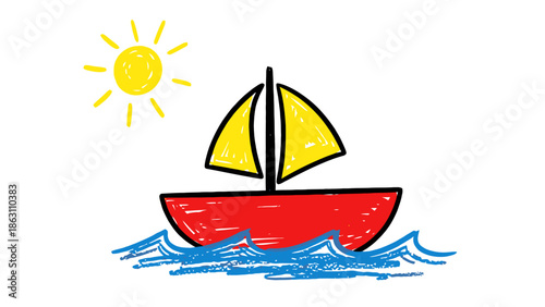 Hand Drawn Sailboat on Water Under Sunny Sky