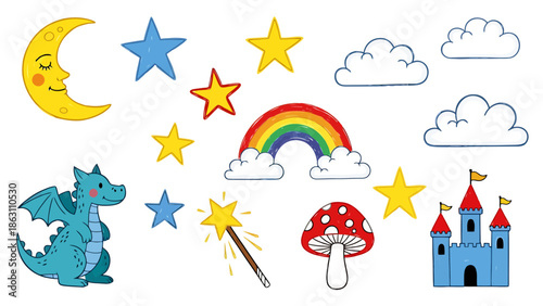 Whimsical Fantasy Elements Collection Moon Stars Clouds Dragon Castle Rainbow Mushroom Magic Wand