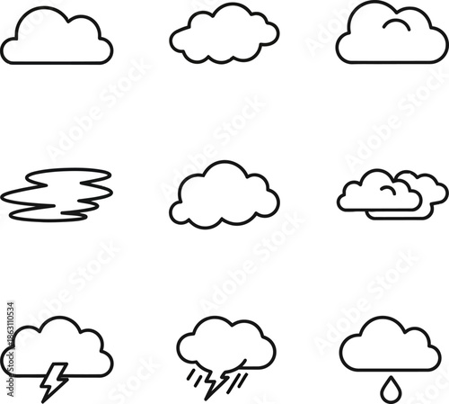 Weather Cloud Outline Icons Set with Rain, Thunder and Wind – Vector Illustration