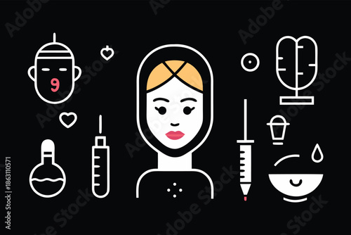 Set of medical beauty and skincare line icons, cosmetic surgery and dermatology vector elements on black background
