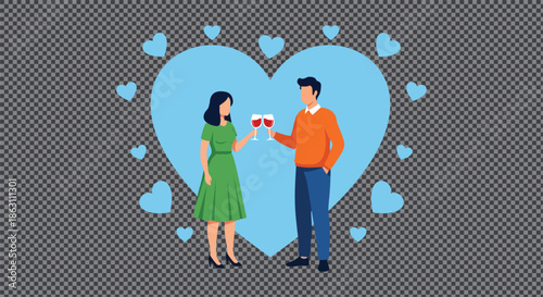 Couple celebrating love and romance, toasting with wine glasses in front of a large blue heart surrounded by smaller hearts, illustration for Valentine's day or anniversary celebration