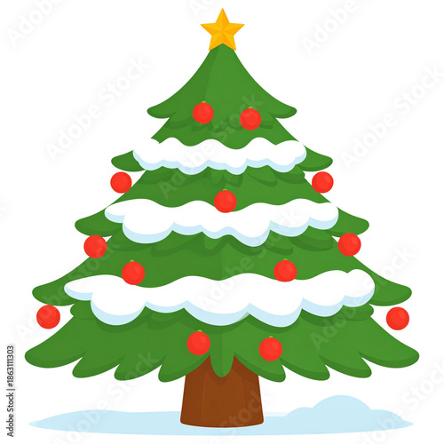 Cartoon Snow-Covered Christmas Tree with Red Ornaments and Star Topper, Isolated on Transparent Background