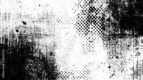 Abstract monochrome texture displaying a grainy heavily distorted pattern with areas of dense dots and dark smudges