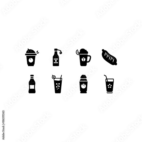 Assorted beverages and food icons isolated on transparent background