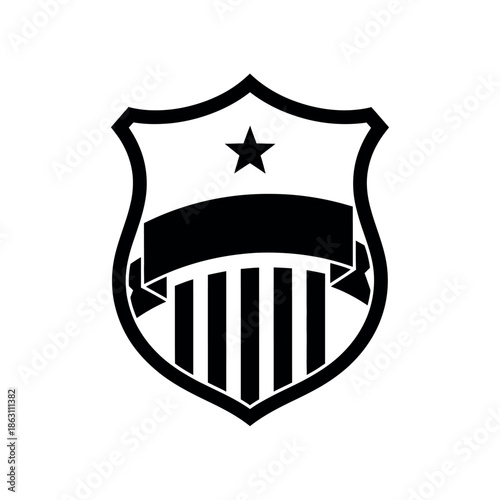 Black and white shield emblem with star and banner.