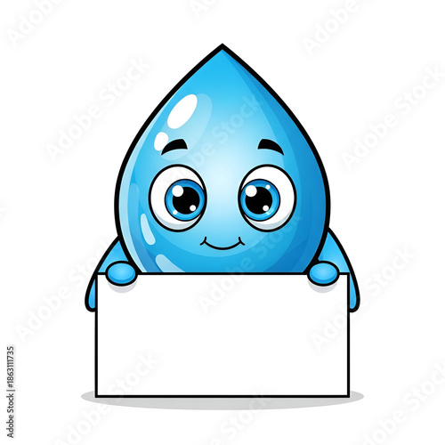 Water Drop Character Showing A Blank Sign protect the water and environment concept vector art with copy space white background/ 
funny cartoon drop of water with a sign bord