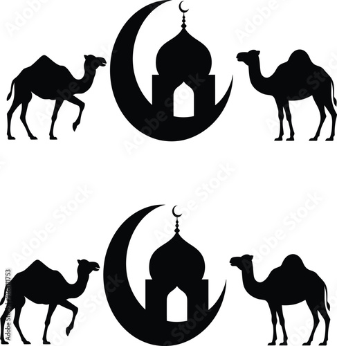 A serene silhouette of camels and mosques under the crescent moon