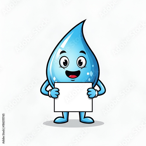 Water Drop Character Showing A Blank Sign protect the water and environment concept vector art with copy space white background/ 
funny cartoon drop of water with a sign bord