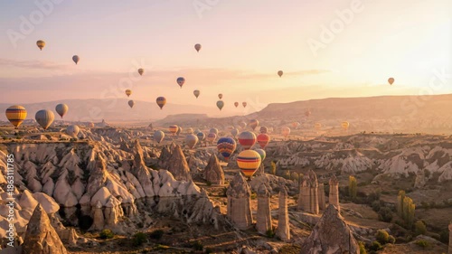 Hot Air Balloons Ascend Over Cappadocia's Fairy Chimneys At Sunrise With Warm Golden Light Illuminating The Rocky Landscape Below