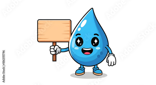 cartoon illustration of a  character  drop with blank sign/Water Drop Character Showing A Blank Sign on copy space white background 