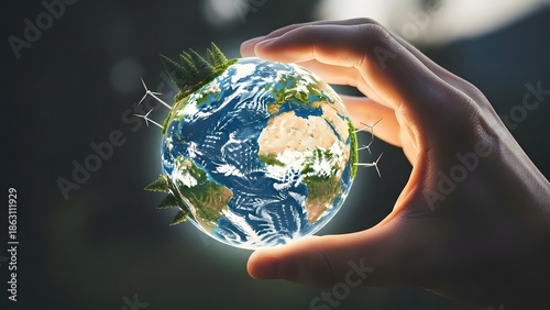 Hand cradling Earth with wind turbines and trees for sustainable future