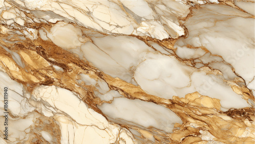 A striking close up view of a white marble slab with bold flowing golden veins and patterns