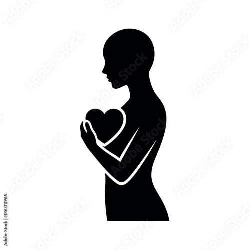Silhouette of a woman holding a heart symbolizing love and care.