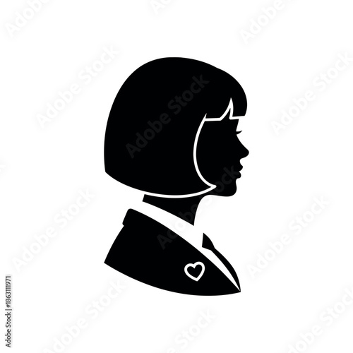 Silhouette of a woman with a bob haircut and a heart pin.