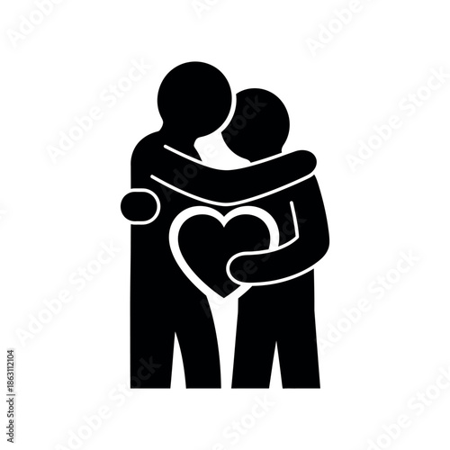 Two people hugging with a heart symbol between them.