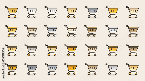 Seamless pattern of modern shopping cart icons in golden and silver colors, representing e-commerce, online shopping, and retail business.