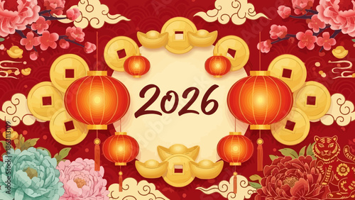 Vintage Easter greeting card illustration featuring golden eggs and a floral holiday frame design with celebration ornaments for a new year winter vector pattern