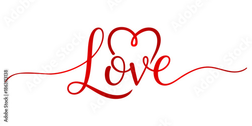 Elegant Red Cursive Love Typography Featuring a Decorative Heart Detail and Fluid Calligraphy Strokes for Modern Valentine's Day Greeting Cards and Romantic Stationery Graphic Design