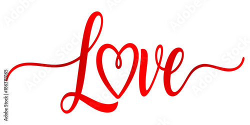 Elegant Red Love Typography Featuring a Stylized Heart Symbol and Fluid Cursive Calligraphy for Modern Valentine's Day Greeting Cards and Romantic Stationery Design