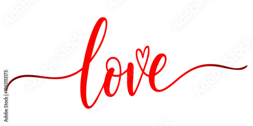 Elegant Red Cursive Love Typography Featuring a Decorative Heart Accent and Fluid Calligraphy Strokes for Modern Valentine's Day Greeting Cards and Romantic Stationery Design