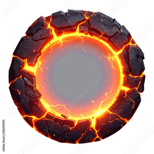  Circular Magma and Lava Rock Frame with Cracked Texture, 3D Illustration, Isolated on Transparent Background