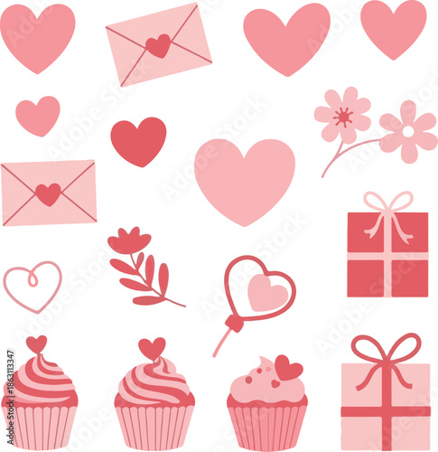 PrinValentine's day icons and symbols in pink and red huest