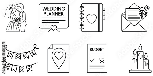 A collection of business and office icons in a simple line style on a white background