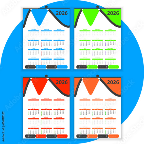 2026 Wall Calendar Template with Modern Blue Abstract Wave Design. Professional 2026 Yearly Calendar Template in Blue Color
