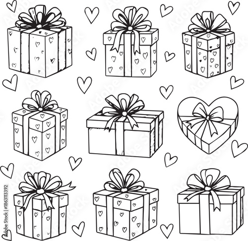A collection of gift boxes with bows and heartsPrint