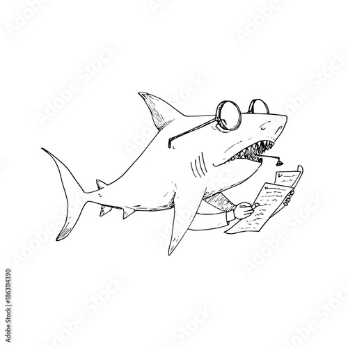 Illustration of a shark wearing glasses and a suit reading a document with a pen in its mouth