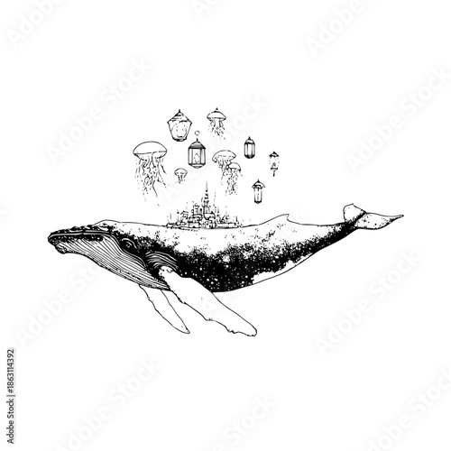 Detailed illustration of a whale carrying a city with jellyfish and lanterns above it in black and white