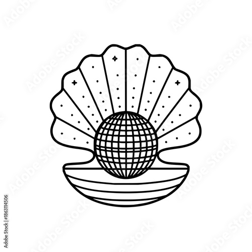 Stylized seashell with a globe inside, outlined in black and white, with dot and star accents decoratively 100