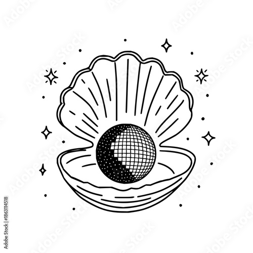 A seashell with a disco ball inside surrounded by stars and dots in a black and white illustration