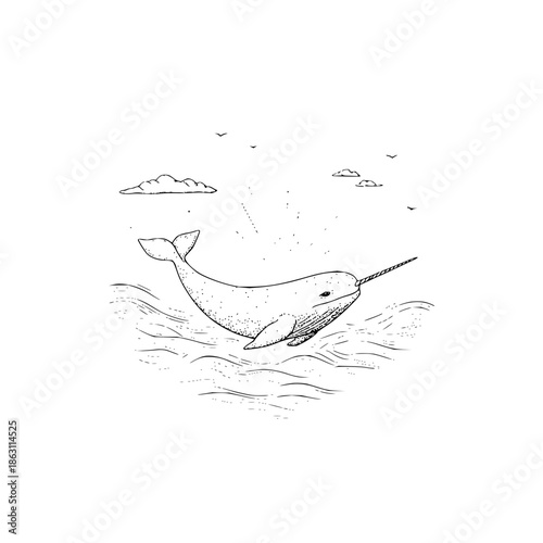 A whimsical narwhal illustration swimming in the ocean under a cloudy sky with birds flying above it