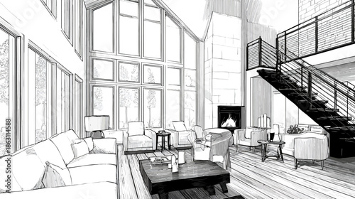 Detailed architectural sketch of a spacious modern living room with high ceilings, large windows, and a contemporary staircase design.