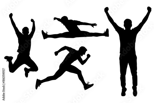 Silhouettes of active men jumping running and celebrating