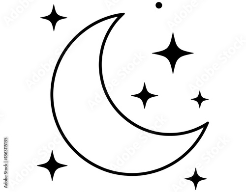 Minimalist Crescent Moon and Stars Icon. Simple Night Sky Outline Vector for Sleep, Dreams, Astronomy, Midnight, and Celestial Concept Design. Black Line Art Illustration.