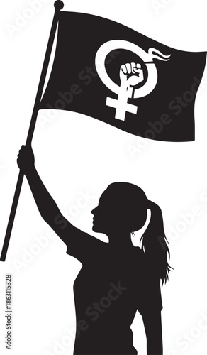 Silhouette of a person holding a feminist flag with venus symbol