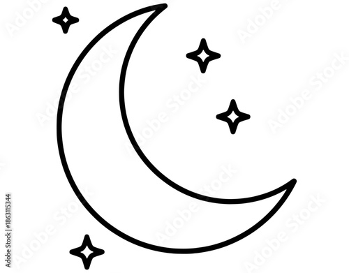 Minimalist Crescent Moon and Stars Icon. Simple Night Sky Outline Vector for Sleep, Dreams, Astronomy, Midnight, and Celestial Concept Design. Black Line Art Illustration.
