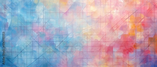 Pastel abstract grid background with blue pink orange and yellow watercolor brushstrokes